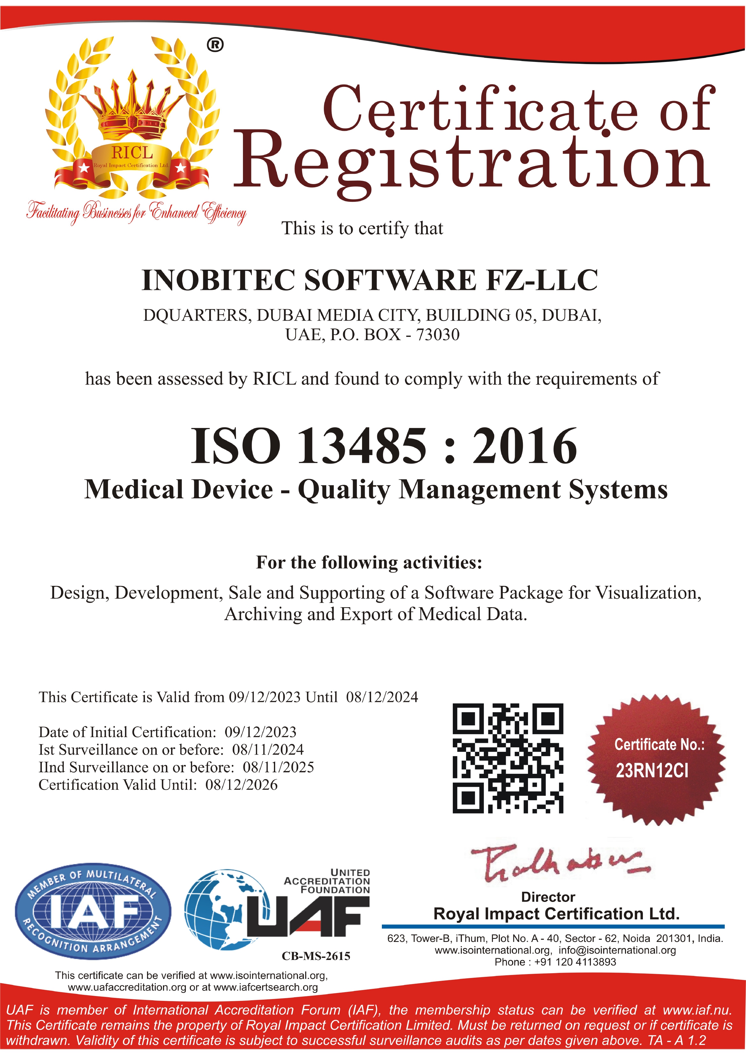 Certificat de conformité du système de management de la qualité aux exigences de la norme EN ISO 13485: 2016