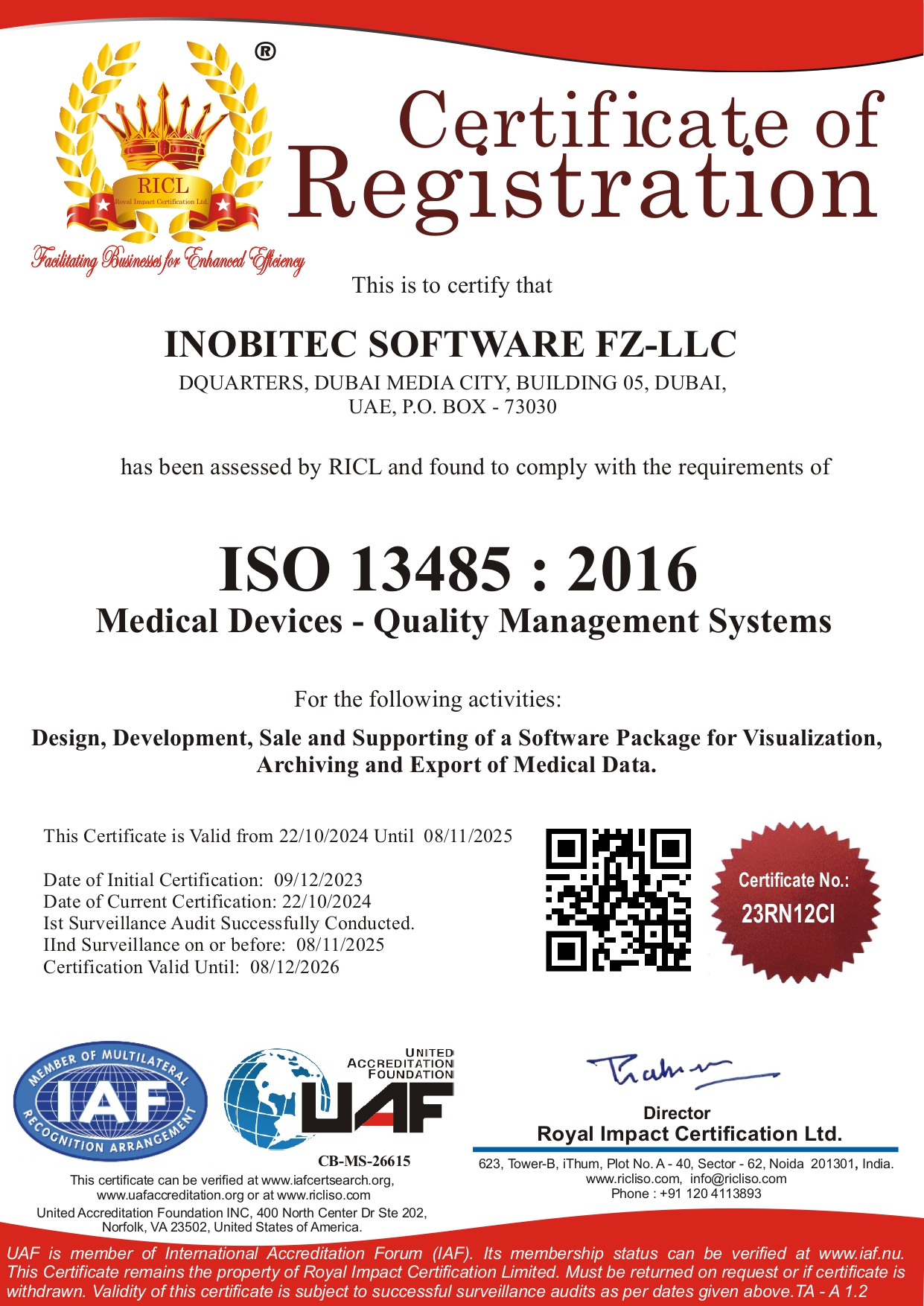 Management system certificate as per EN ISO 13485:2016