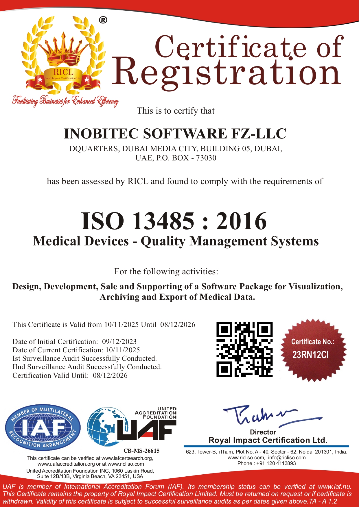 Certificat de conformité du système de management de la qualité aux exigences de la norme EN ISO 13485: 2016